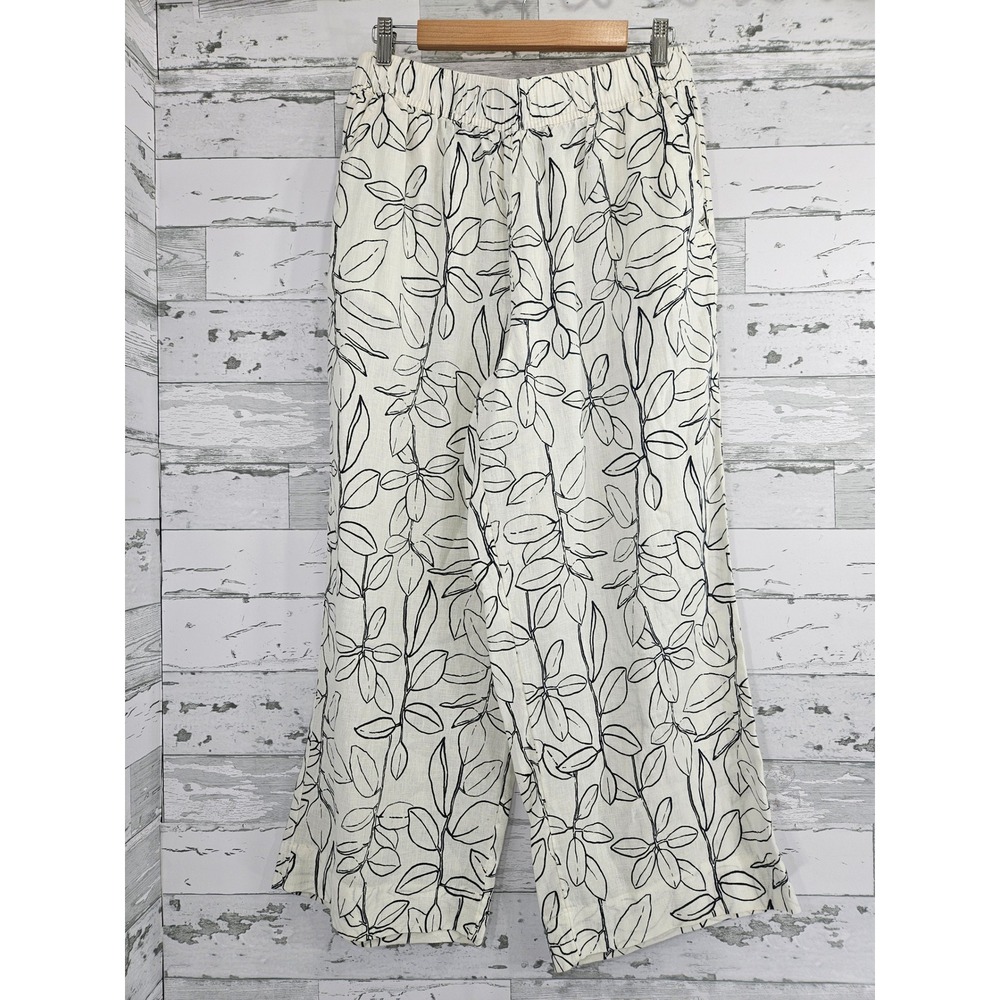 Cynthia Rowley Womens Large White Black Linen Floral Wide Leg Pants Resort